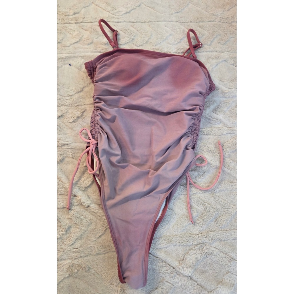 Yonique Womens Ruched One Piece Swimsuit Mauve Pink Side Tie High Cut Small